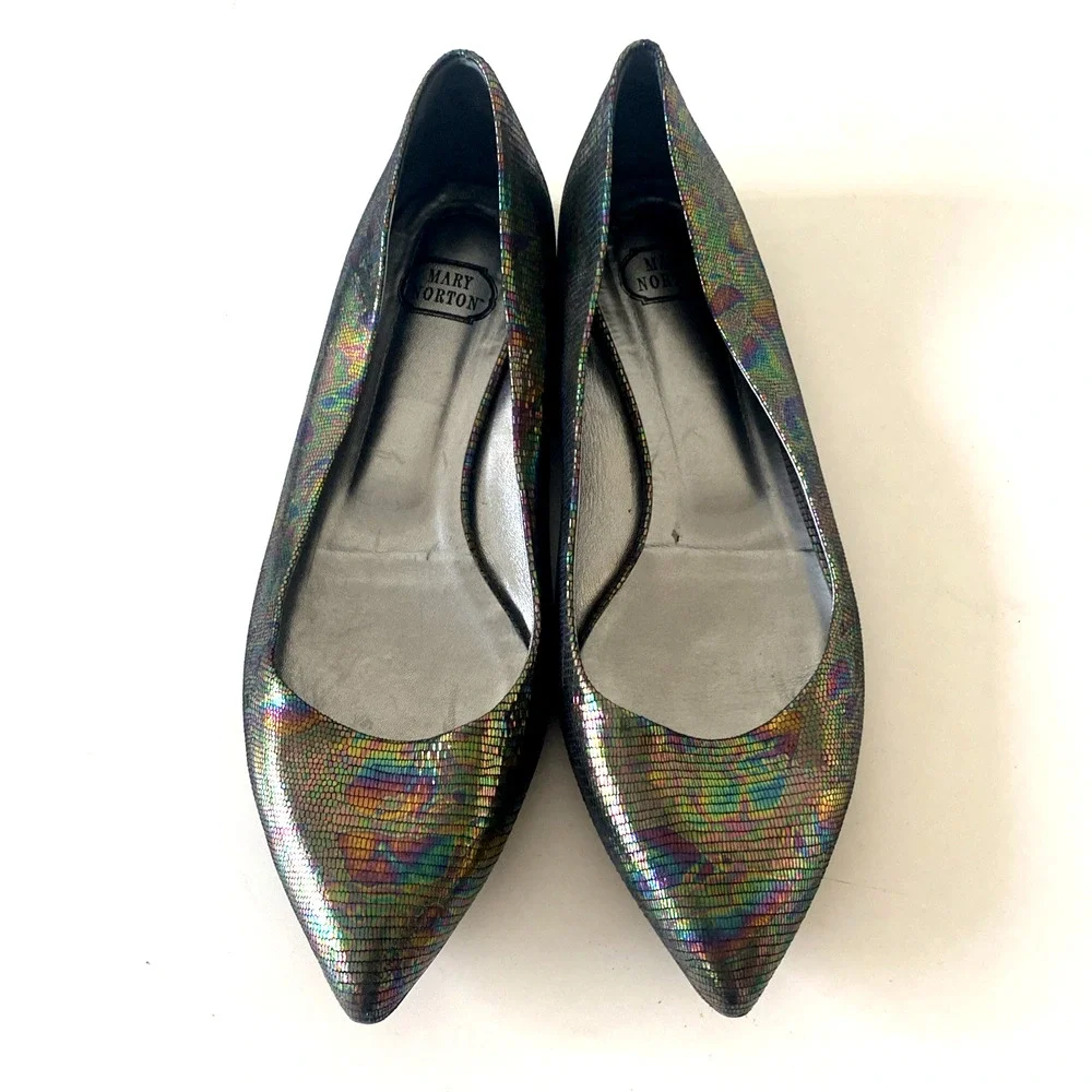 Mary Norton Ballet Flat Point Toe Leather Multi Color Snake Embossed 38.5